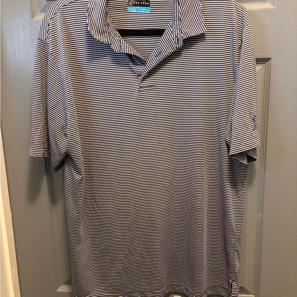 PGA Tour Men's Navy and White Striped Polo